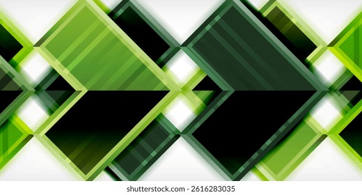 Geometric pattern features overlapping squares, varying green shades, white highlights. Modern design creates dynamic visual texture.