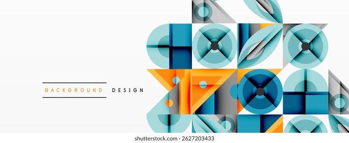 Geometric pattern features overlapping squares, circles, lines. Blue, teal, orange hues dominate design. Minimalist style, modern aesthetic.