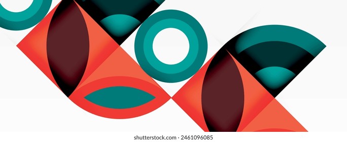 The geometric pattern features red, black, and electric blue triangles and circles on a white background, showcasing symmetry and tints and shades in a captivating visual arts piece