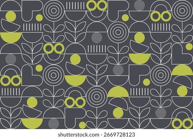 Geometric pattern featuring abstract floral shapes, hearts, and circles with white and green line art on a gray background, perfect for minimalist design themes