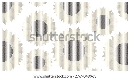 A geometric pattern featuring black and beige circles with vertical lines on a white background, creating a unique and visually appealing design