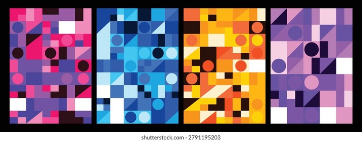 A geometric pattern featuring colorful squares, circles, and triangles in pink, purple, blue, orange, and yellow hues on a black background