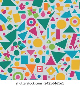 Geometric pattern, featuring a delightful array of shapes and colors in a whimsical, child-friendly style. Perfect for adding a touch of fun and vibrancy to children's clothing,