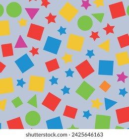 Geometric pattern, featuring a delightful array of shapes and colors in a whimsical, child-friendly style. Perfect for adding a touch of fun and vibrancy to children's clothing,