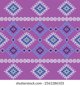 A geometric pattern featuring diamonds and floral motifs in white, blue, and pink tones on a purple background.
