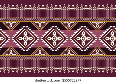 A Geometric pattern featuring diamonds and lines in purple and gold tones, creating vibrant and intricate design