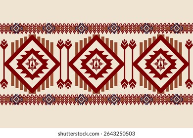 Geometric pattern featuring earthy tones and traditional Native American motifs. Dominated by large red diamond shapes enclosing abstract symmetrical designs. Alongside, arrow-like figures and horizon