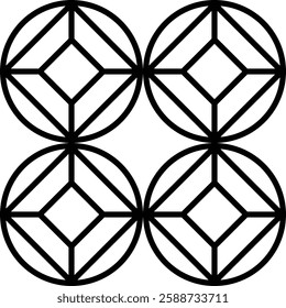 Geometric pattern featuring four circles, each containing a diamond shape, all outlined in black on a white background.