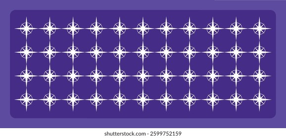 A geometric pattern featuring a grid of white compass-like star symbols with eight sharp, elongated points, surrounded by thin circular outlines