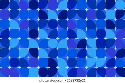 Padrão geométrico com uma mistura harmoniosa de círculos e curvas em vários tons de azul. Intercalado com sinais de adição brancos. Este design visualmente impressionante é perfeito para fundos.