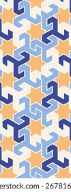 A geometric pattern featuring interlocking shapes in shades of blue, orange, and cream, suitable for textiles or graphic design.