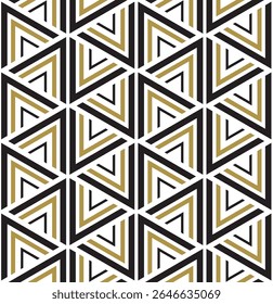 A geometric pattern featuring interlocking triangles in black, white, and gold, suitable for backgrounds or design elements.