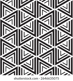 Um padrão geométrico que apresenta formas triangulares interligadas num esquema de cores monocromático, adequado para fundos ou têxteis.