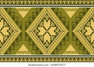 A geometric pattern featuring intricate designs in green and yellow tones, showcasing diamonds and triangles with tribal aesthetic. This artwork is perfect for textiles or backgrounds