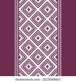 geometric pattern featuring intricate tribal and ethnic details. Symmetrical design in purple and white creates a striking and original look. Ideal for textiles, wallpaper or as a decorative accent.