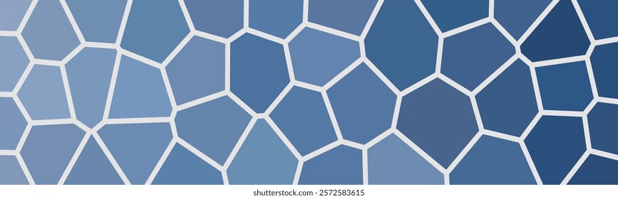 A geometric pattern featuring irregular polygonal shapes in varying shades of blue, resembling a mosaic or Voronoi diagram, with white borders separating the shapes.

