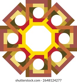 A geometric pattern featuring layered squares in warm brown, gold, and orange hues with a central white circle on a white background.