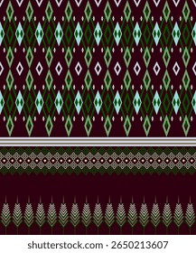 geometric pattern featuring overlapping diamond motifs in shades of green and white on deep brown background.The design reflects traditional ethnic weaving with a fresh, nature-inspired color palette
