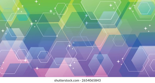 A geometric pattern featuring overlapping hexagons with gradient colors, complemented by scattered star shapes, creating a modern and vibrant design.