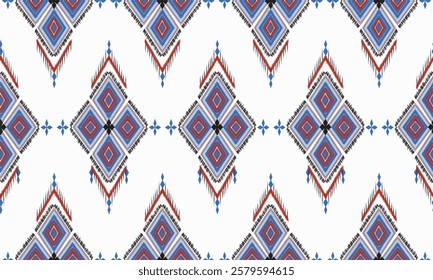 A geometric pattern featuring prominent diamond shapes, highlighted with red, blue, and black tones on a white background. The design incorporates intricate zigzag lines, creating a striking 