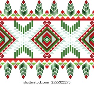 A Geometric pattern featuring red and green shapes, trees, and diamonds, creating festive and vibrant design