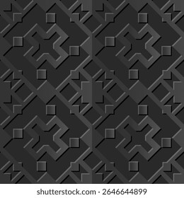 Um padrão geométrico que apresenta uma série de formas entrelaçadas em vários tons de preto, criando um efeito visual texturizado.