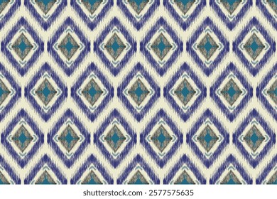  “A geometric pattern featuring symmetrical diamond shapes with a handwoven-like texture. The design combines shades of blue, gray, and cream, creating a refined and modern aesthetic. Perfect for use 