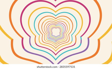 Geometric pattern featuring a tunnel effect created by many colorful nested heart outlines receding into the distance.