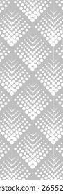 A geometric pattern featuring various sizes of white circles and hexagons on a gray background, suitable for backgrounds or textile designs.