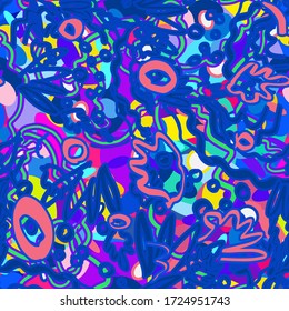 Geometric pattern fiction psychedelic. Neon current shapes vibrant. Vivid tropical flowers. Abstract vector pattern suitable for printing children's prints on textiles, fabrics, clothes, boys, girls.