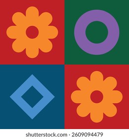 Geometric Pattern. Figures of different shapes. Tribal form. Flowers. Geometric creative design. Beautiful textures. Colorful art. Modern graphic poster. Retro color. Vector illustration