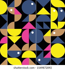 Geometric pattern of figures in the Scandinavian style. On black background.Banner, template, element for design