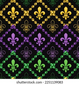 Geometric pattern with fleur de lis symbol. Diagonal square grid with string of beads. Illustration for Mardi Gras carnival. Vintage illustration for prints, clothing, holiday, surface design