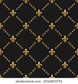 Geometric pattern with fleur de lis symbol, golden jewelry ball chains on black background. Diagonal square grid. Vintage style