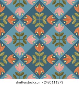 Patrón geométrico con composiciones florales. Fondo decorativo Abstractas en estilo plano con flores y hojas