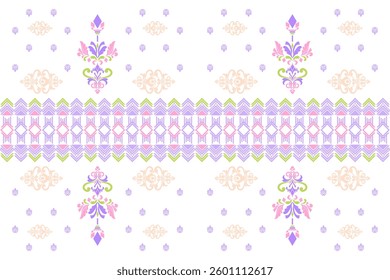 Geometric pattern and floral elements on white background. Lavender and pink colors, accented with green. Seamless vector fabric design. Native American tribal fabric, tiles, rugs, cards, scrapbooks