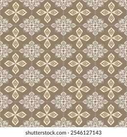geometric pattern with a floral motif.  consists of symmetrical, star-like shapes with intricate details,The background is a muted brown color, and the floral shapes are in shades of white and beige
