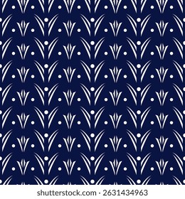 Geometric Pattern - Flower and Foliage (Navy, White) - Repeating Vector Image; Easily Editable; Endless Design; Colorful lIlustration. Print for Gift Paper, Packaging, etc.
