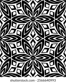 Geometric Pattern - Flowers and Diamonds (Black, White) - Repeating Vector Image; Easily Editable; Endless Design; Colorful lIlustration. Print for Gift Paper, Packaging, etc.