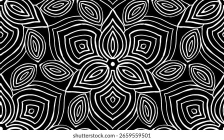 Patrón geométrico - flores u hojas (negro, blanco) - Imagen de Vector de repetición; Fácilmente editable; Diseño sin fin; Ilustración colorida. Impresión para papel de regalo, embalaje, etc.