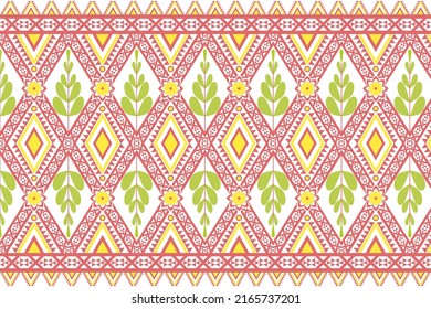 Geometrisches Muster mit Blumen und Blättern Design in Rot-und Grün. Ethnisch, einheimisch, Folk, traditionell, Retro, Stoff, Textil, Vorhang, Teppich, Hintergrund, Tapete, geometrisch, Motiv, Vektorgrafik