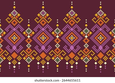 Geometric pattern flowers in various colors in seamless pixel style.