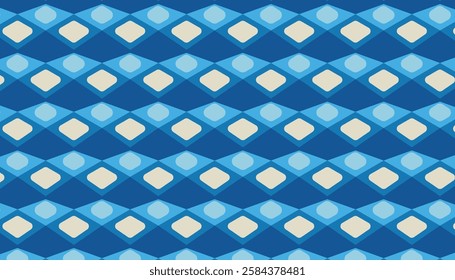 A geometric pattern with a focus on diamond shapes and a monochromatic color scheme combining blue and gray