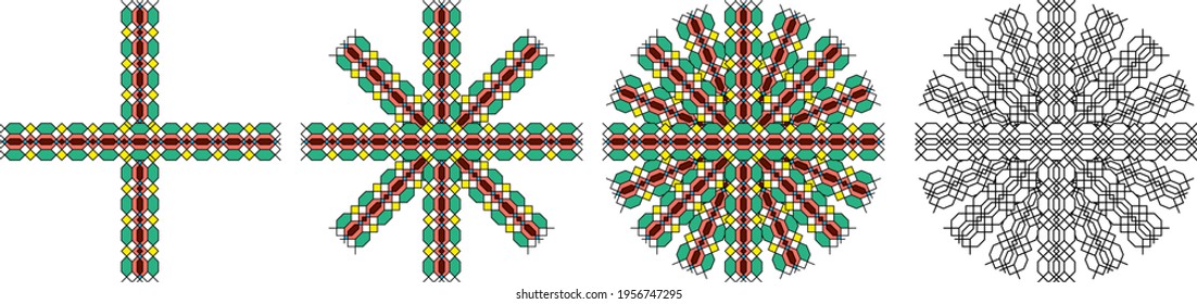 geometric pattern in the form of a cross or circle, consists of lines and shapes, geometric line, cross and circle