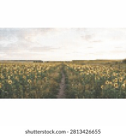 Geometric pattern forms a vibrant sunflower field under bright, hazy sky during golden hour or sunset time.