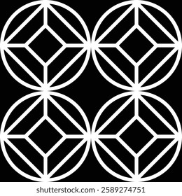 Geometric pattern with four circles containing diamond shapes, white lines on black background. Repeating decorative design.