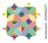 Geometric pattern with four leaf clovers on checkered background in rainbow colours. Great for T-shirt prints, home decor, greeting cards, gift boxes and stationery.