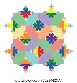 Geometric pattern with four leaf clovers on checkered background in rainbow colours. Great for T-shirt prints, home decor, greeting cards, gift boxes and stationery.