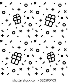 Geometric pattern with gift, circles, dotes, pluses and crosses. Black and white holyday background for the cover of the Memphis style or background