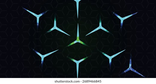 Um padrão geométrico com estrelas brilhantes de três pontas sobre um fundo escuro e texturizado.